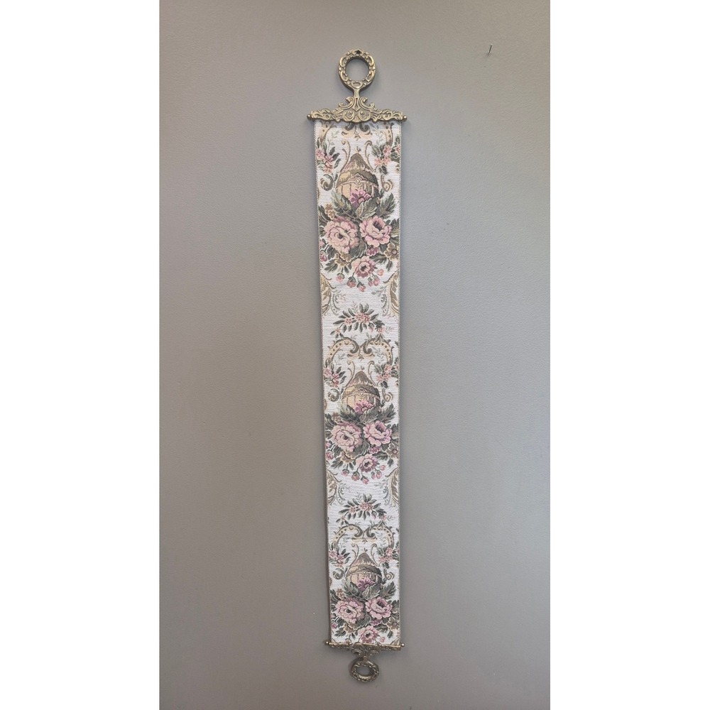 Vintage Floral Tapestry Bell Pull Wall Hanging Ornate Metal Pink Roses 48 Inch